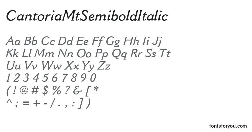 A fonte CantoriaMtSemiboldItalic – alfabeto, números, caracteres especiais