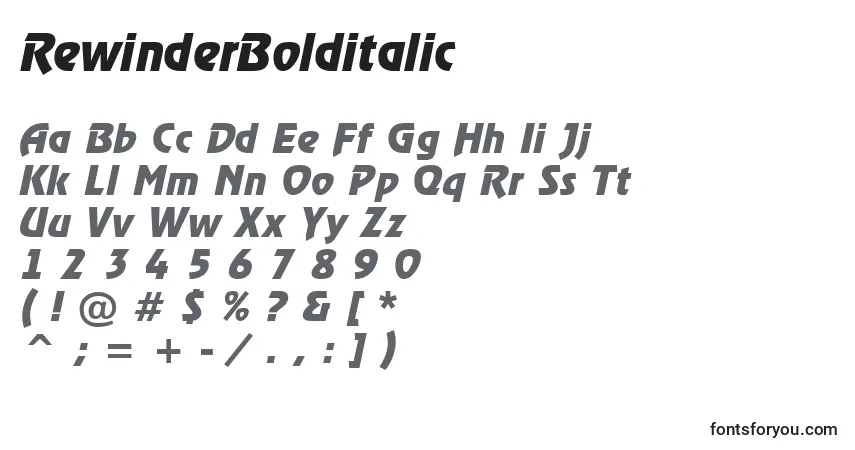 Czcionka RewinderBolditalic – alfabet, cyfry, specjalne znaki