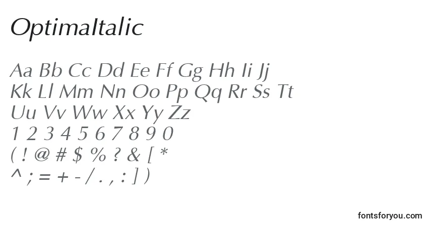 Czcionka OptimaItalic – alfabet, cyfry, specjalne znaki