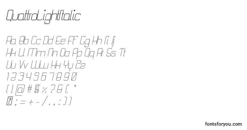 Schriftart QuattroLightItalic – Alphabet, Zahlen, spezielle Symbole