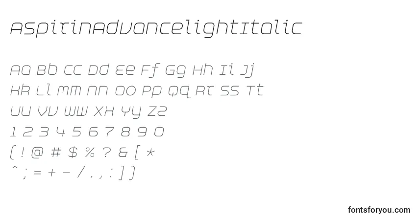Шрифт AspirinAdvancelightItalic – алфавит, цифры, специальные символы