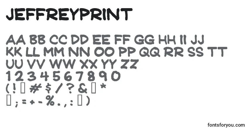 Jeffreyprint-fontti – aakkoset, numerot, erikoismerkit