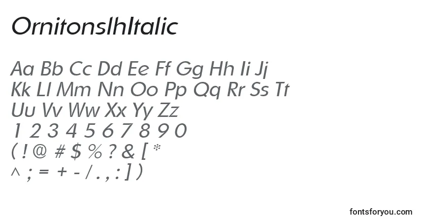 Czcionka OrnitonslhItalic – alfabet, cyfry, specjalne znaki