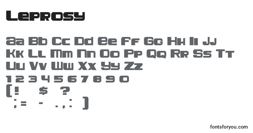 Czcionka Leprosy – alfabet, cyfry, specjalne znaki