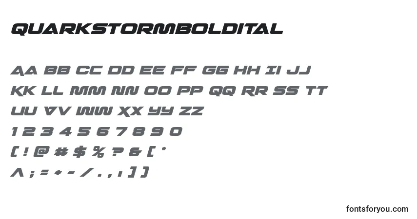 Czcionka Quarkstormboldital – alfabet, cyfry, specjalne znaki