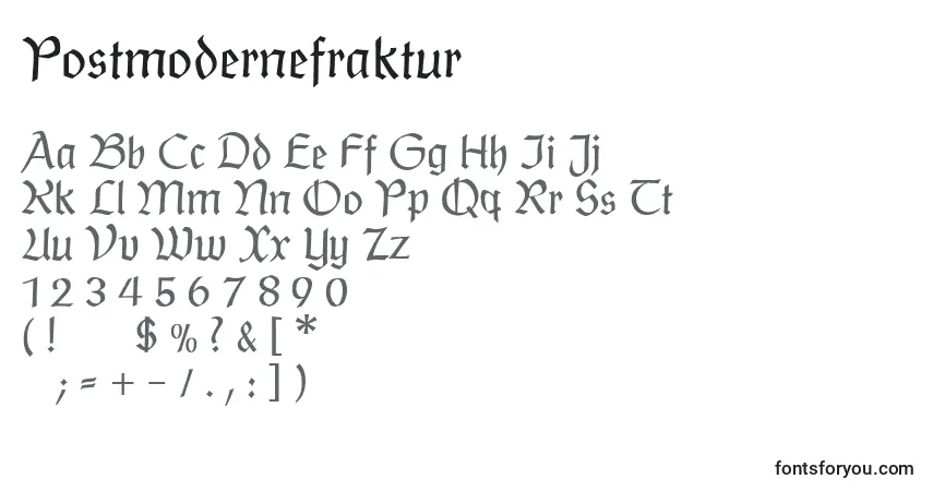 Czcionka Postmodernefraktur – alfabet, cyfry, specjalne znaki