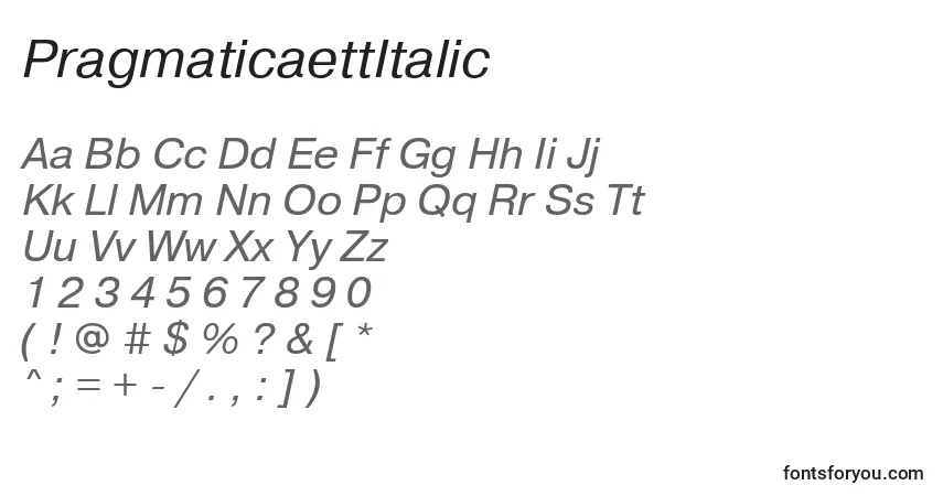 Schriftart PragmaticaettItalic – Alphabet, Zahlen, spezielle Symbole