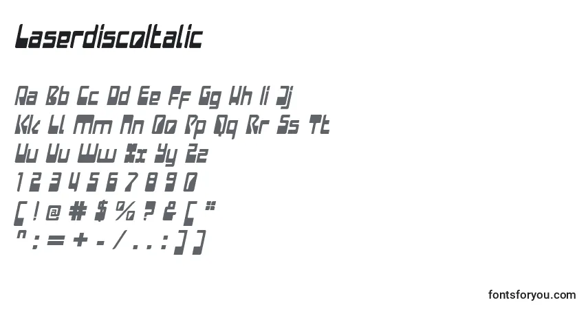 A fonte LaserdiscoItalic – alfabeto, números, caracteres especiais