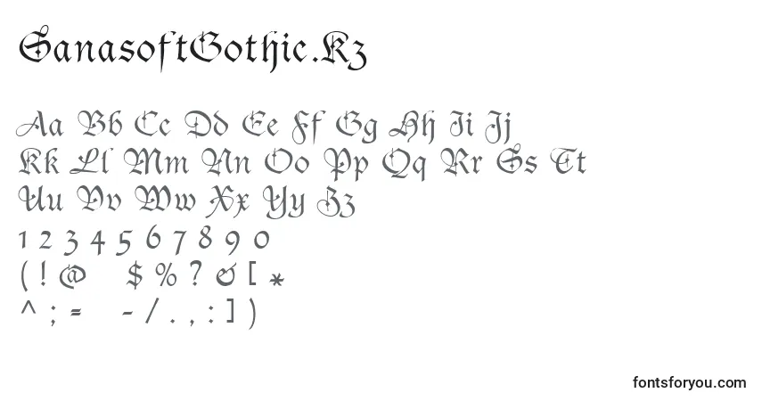 Czcionka SanasoftGothic.Kz – alfabet, cyfry, specjalne znaki