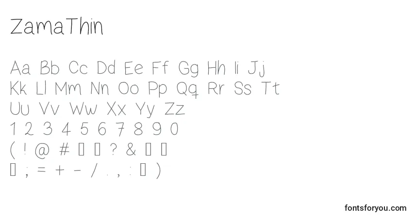 Schriftart ZamaThin – Alphabet, Zahlen, spezielle Symbole