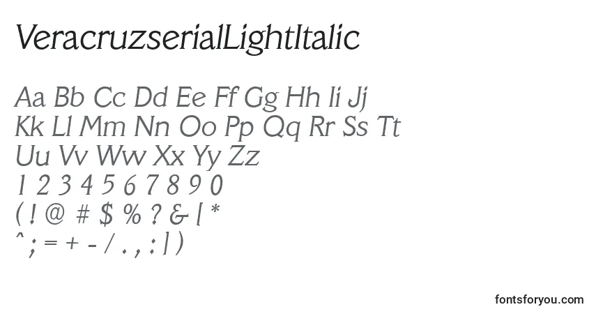 Czcionka VeracruzserialLightItalic – alfabet, cyfry, specjalne znaki