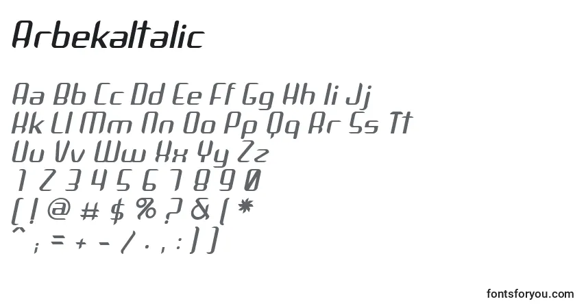 Шрифт ArbekaItalic – алфавит, цифры, специальные символы