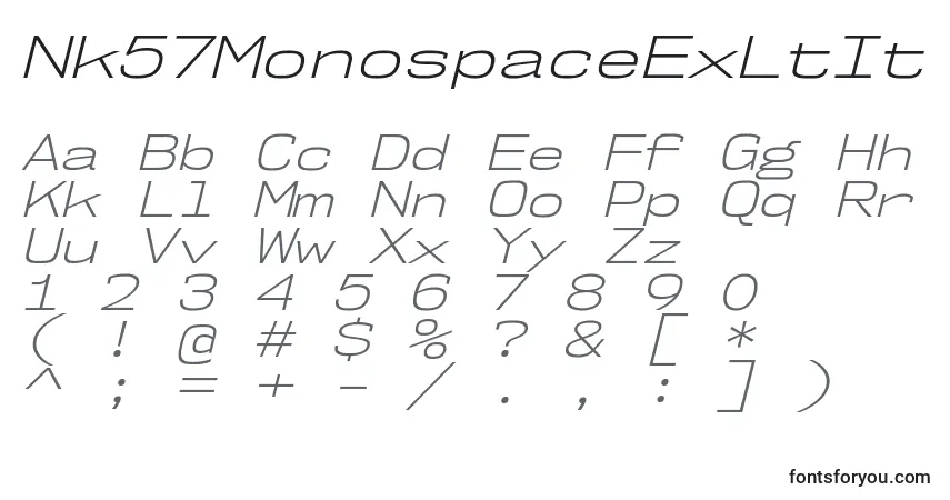 Czcionka Nk57MonospaceExLtIt – alfabet, cyfry, specjalne znaki