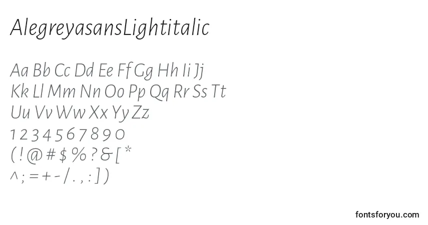 Czcionka AlegreyasansLightitalic – alfabet, cyfry, specjalne znaki