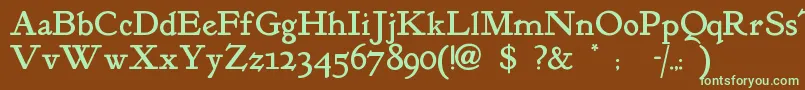 フォントKelmscottroman – 緑色の文字が茶色の背景にあります。