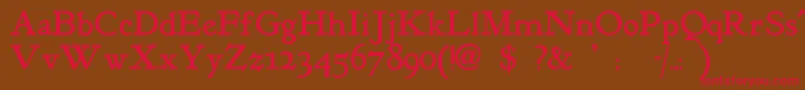 Kelmscottroman-fontti – punaiset fontit ruskealla taustalla