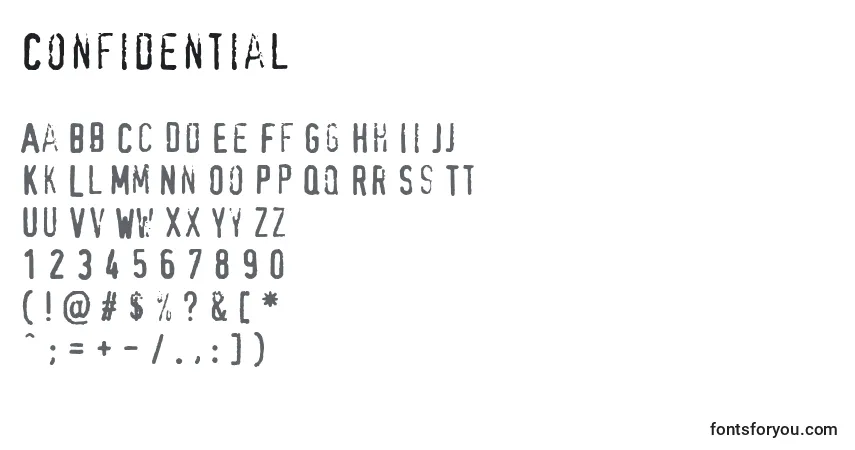 Schriftart Confidential – Alphabet, Zahlen, spezielle Symbole