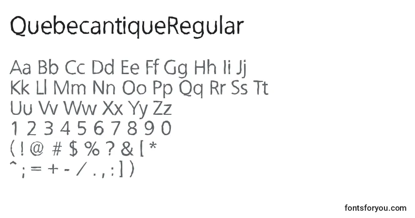 Czcionka QuebecantiqueRegular – alfabet, cyfry, specjalne znaki