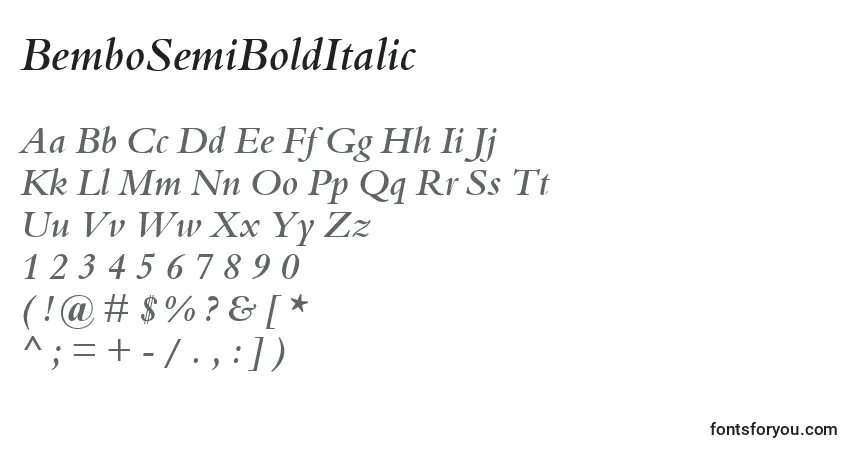 A fonte BemboSemiBoldItalic – alfabeto, números, caracteres especiais
