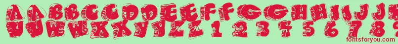 フォントFatfloralphabetxperimental – 赤い文字の緑の背景