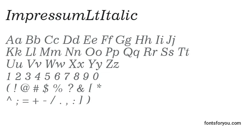 Czcionka ImpressumLtItalic – alfabet, cyfry, specjalne znaki