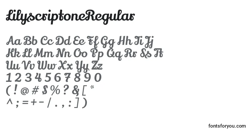 LilyscriptoneRegular-fontti – aakkoset, numerot, erikoismerkit