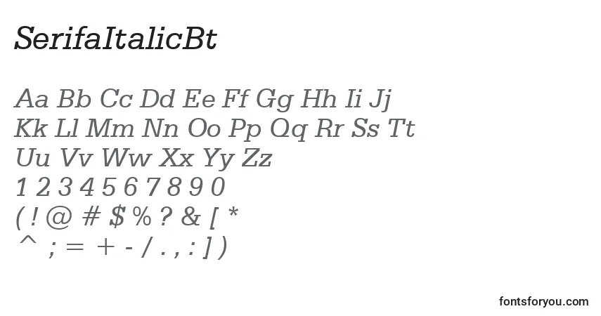 Czcionka SerifaItalicBt – alfabet, cyfry, specjalne znaki