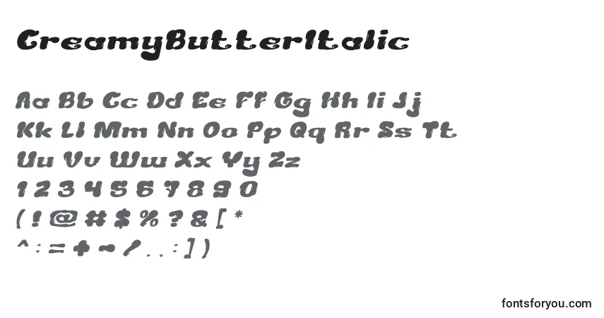 Schriftart CreamyButterItalic – Alphabet, Zahlen, spezielle Symbole