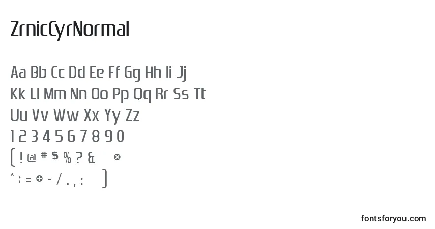 Schriftart ZrnicCyrNormal – Alphabet, Zahlen, spezielle Symbole