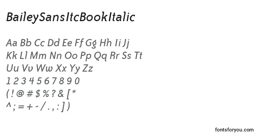 Czcionka BaileySansItcBookItalic – alfabet, cyfry, specjalne znaki