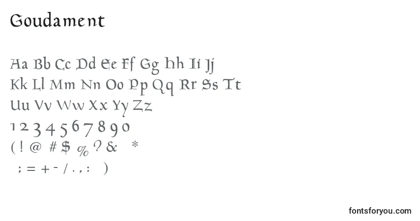 Czcionka Goudament – alfabet, cyfry, specjalne znaki