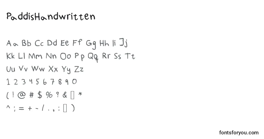 A fonte PaddisHandwritten – alfabeto, números, caracteres especiais