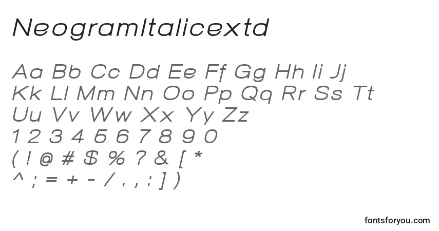 Schriftart NeogramItalicextd – Alphabet, Zahlen, spezielle Symbole