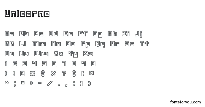 Czcionka Unlearne – alfabet, cyfry, specjalne znaki