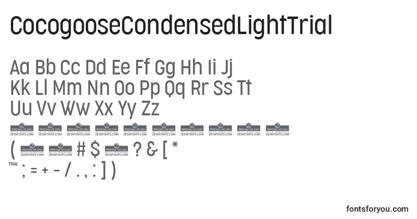 A fonte CocogooseCondensedLightTrial – alfabeto, números, caracteres especiais