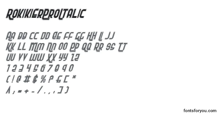 Schriftart RokikierProItalic – Alphabet, Zahlen, spezielle Symbole