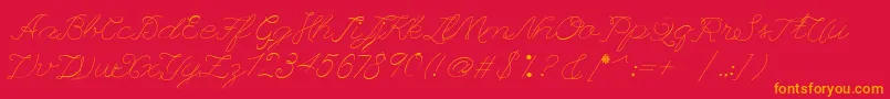 Leaguescript-Schriftart – Orangefarbene Schriften auf rotem Hintergrund