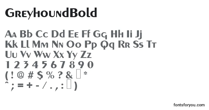 Schriftart GreyhoundBold – Alphabet, Zahlen, spezielle Symbole