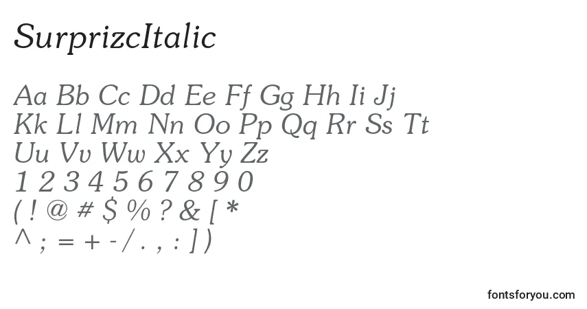 Czcionka SurprizcItalic – alfabet, cyfry, specjalne znaki