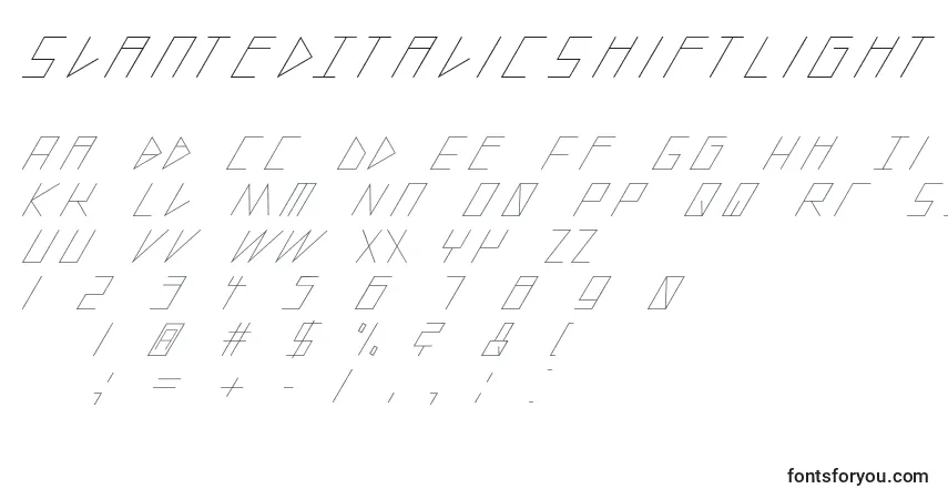 Schriftart SlantedItalicShiftLight – Alphabet, Zahlen, spezielle Symbole