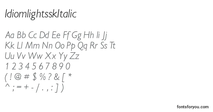 A fonte IdiomlightsskItalic – alfabeto, números, caracteres especiais