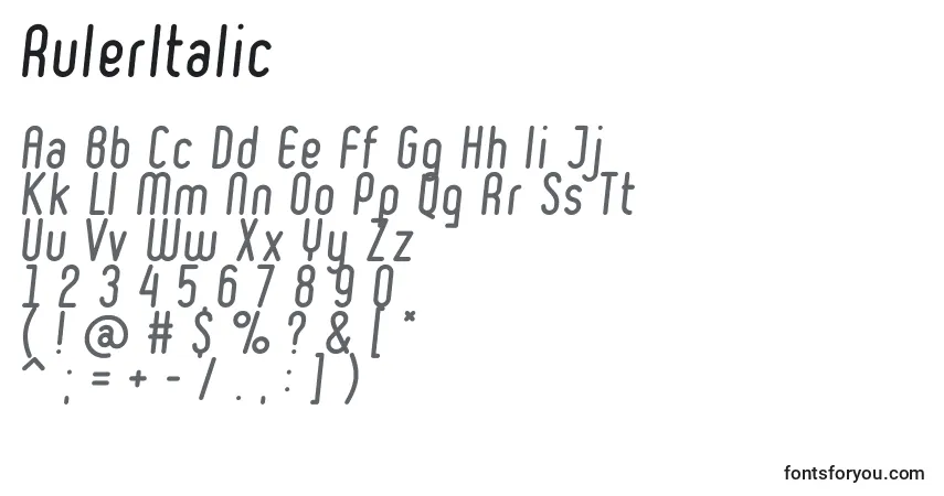 RulerItalic-fontti – aakkoset, numerot, erikoismerkit