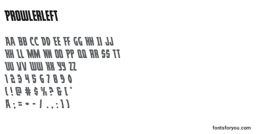 Czcionka Prowlerleft – alfabet, cyfry, specjalne znaki