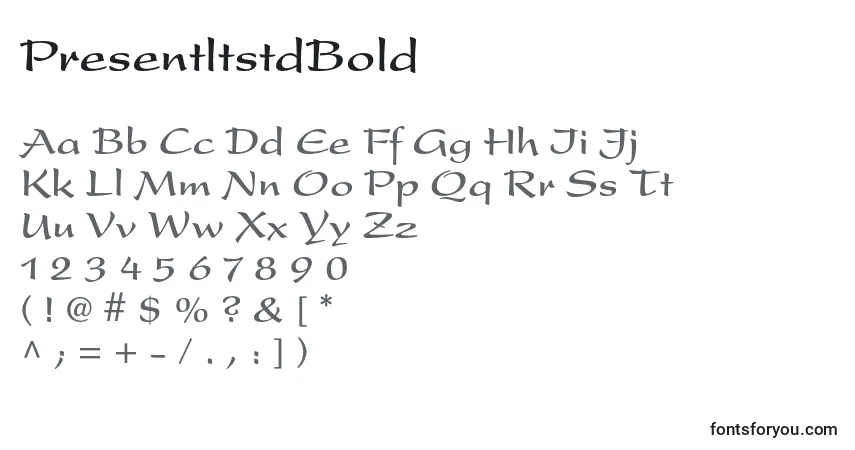 A fonte PresentltstdBold – alfabeto, números, caracteres especiais