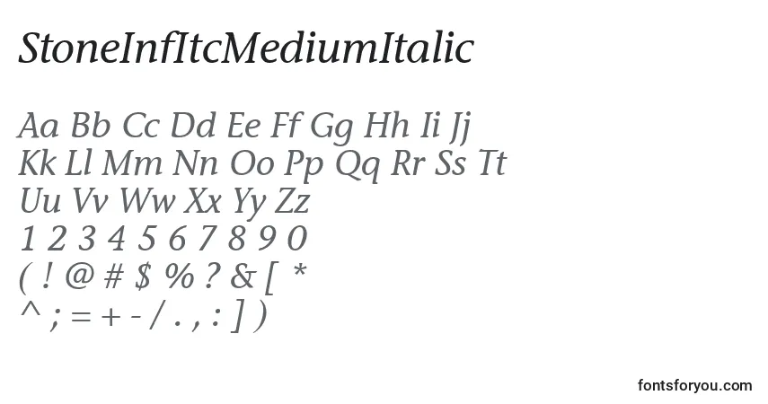 Czcionka StoneInfItcMediumItalic – alfabet, cyfry, specjalne znaki