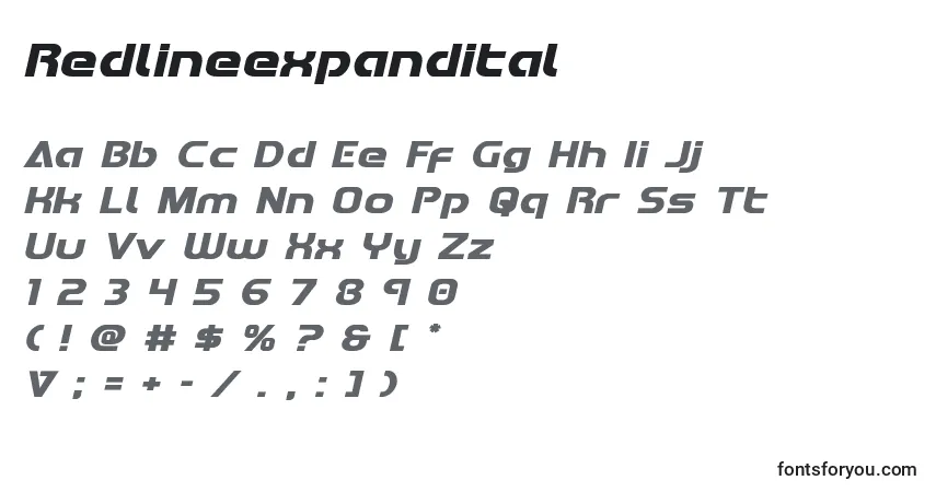 Czcionka Redlineexpandital – alfabet, cyfry, specjalne znaki