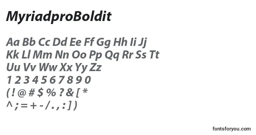 Czcionka MyriadproBoldit – alfabet, cyfry, specjalne znaki