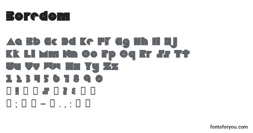 Czcionka Boredom – alfabet, cyfry, specjalne znaki