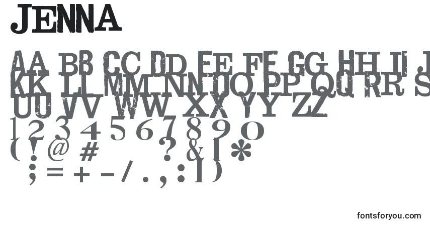 A fonte Jenna – alfabeto, números, caracteres especiais