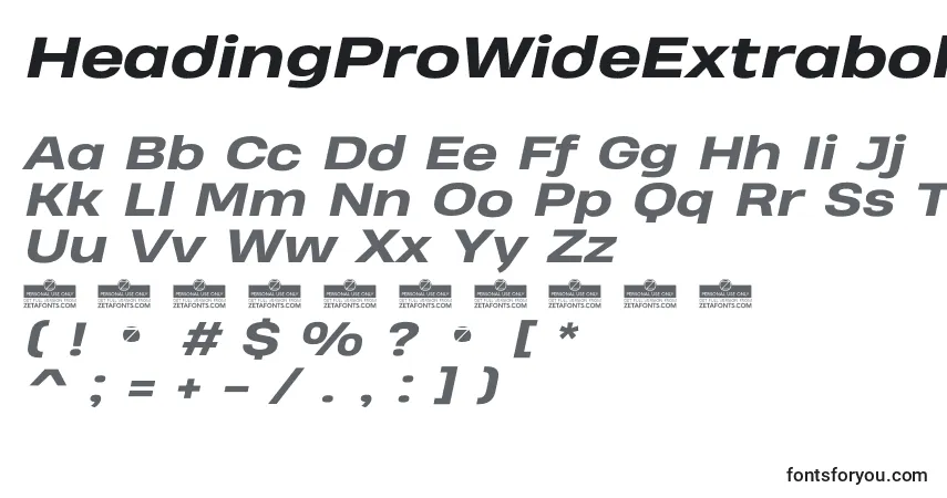 Шрифт HeadingProWideExtraboldItalicTrial – алфавит, цифры, специальные символы